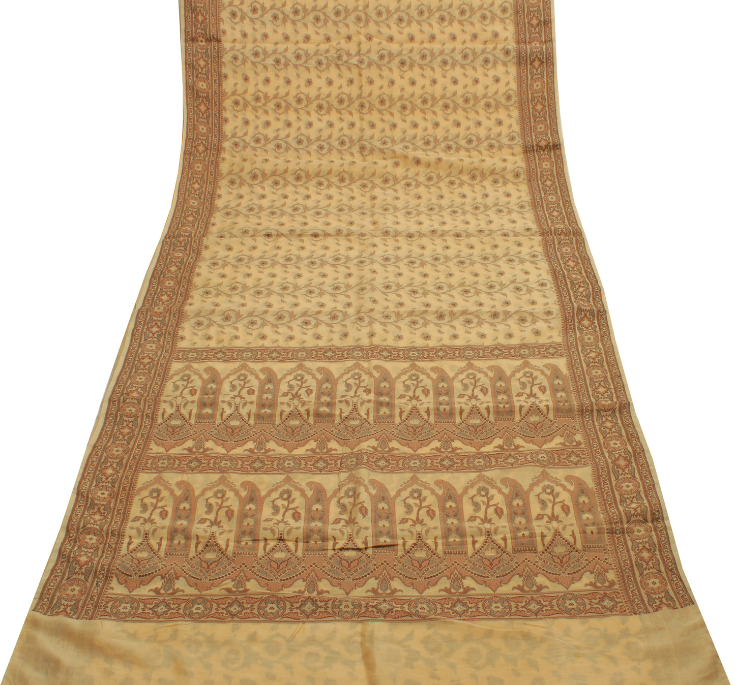 Sushila Vintage Cream Indian Saree Blend Silk Woven Floral Sari Craft Fabric