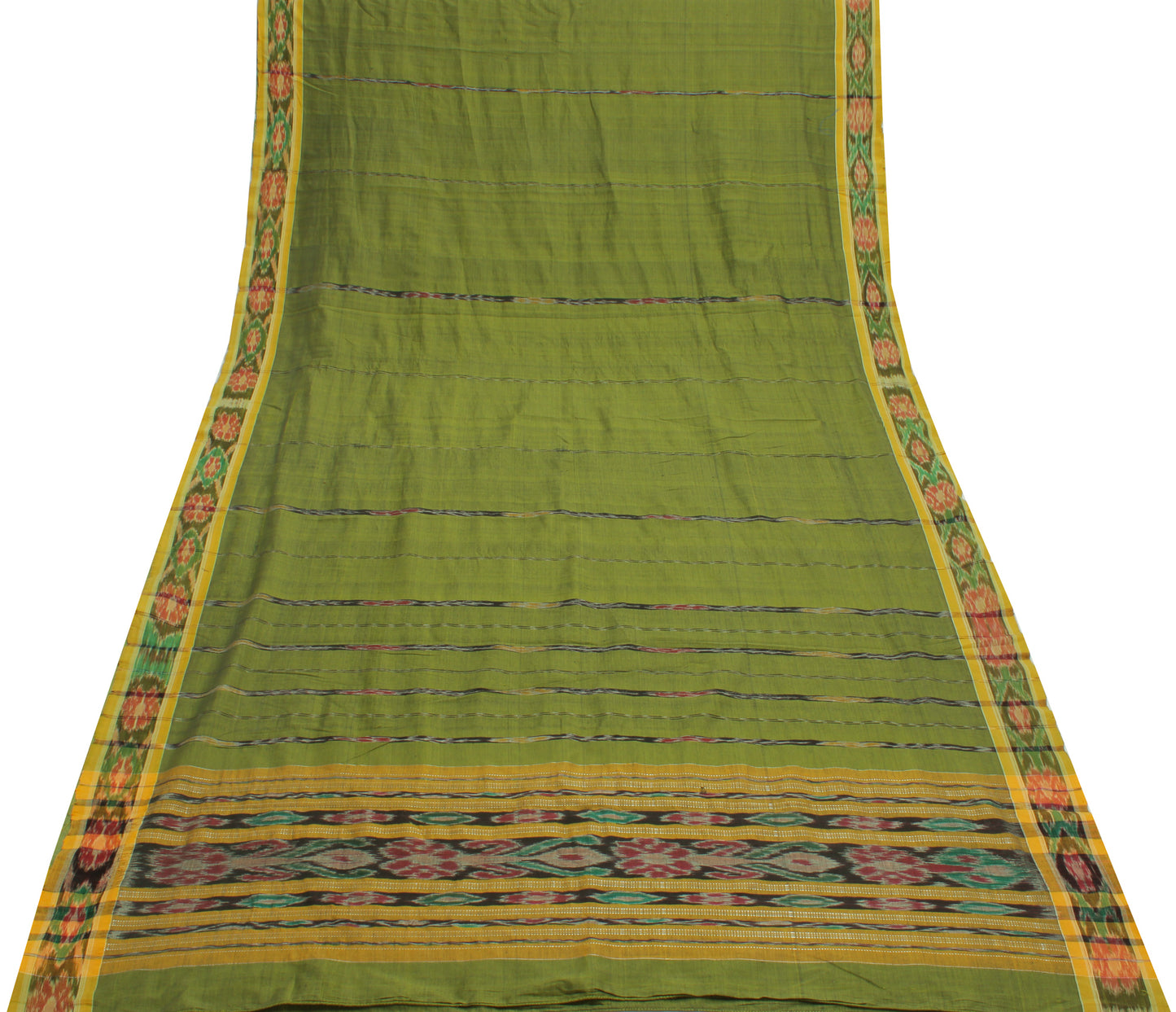 Sushila Vintage Green Saree Pure Cotton Hand Woven Ikat Patola Sari Craft Fabric