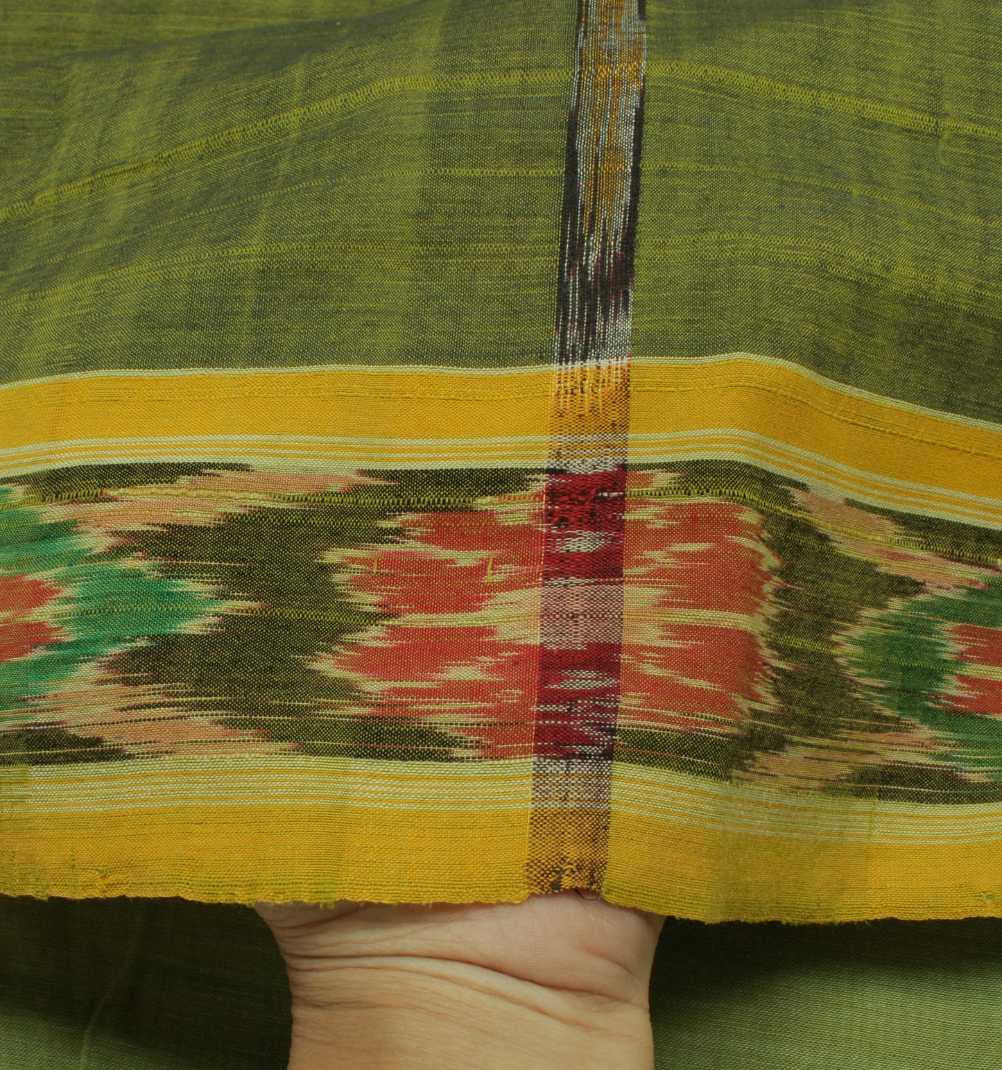 Sushila Vintage Green Saree Pure Cotton Hand Woven Ikat Patola Sari Craft Fabric