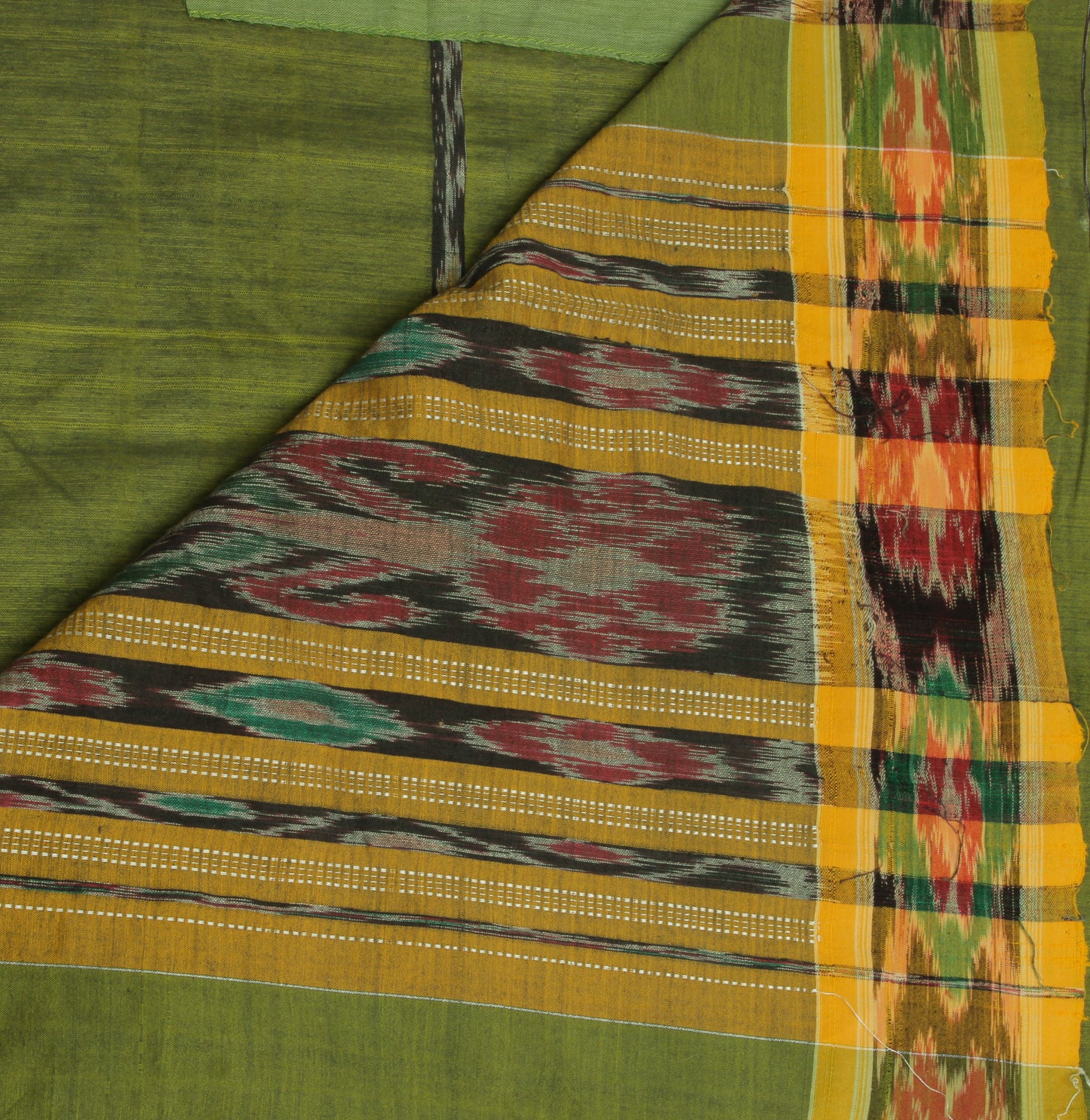 Sushila Vintage Green Saree Pure Cotton Hand Woven Ikat Patola Sari Craft Fabric