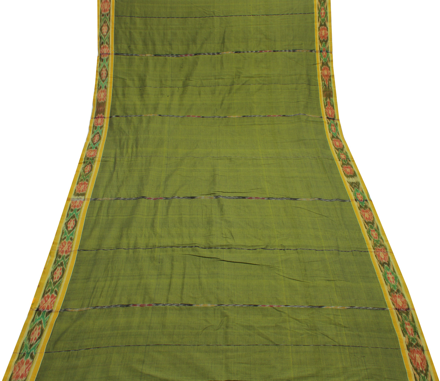 Sushila Vintage Green Saree Pure Cotton Hand Woven Ikat Patola Sari Craft Fabric