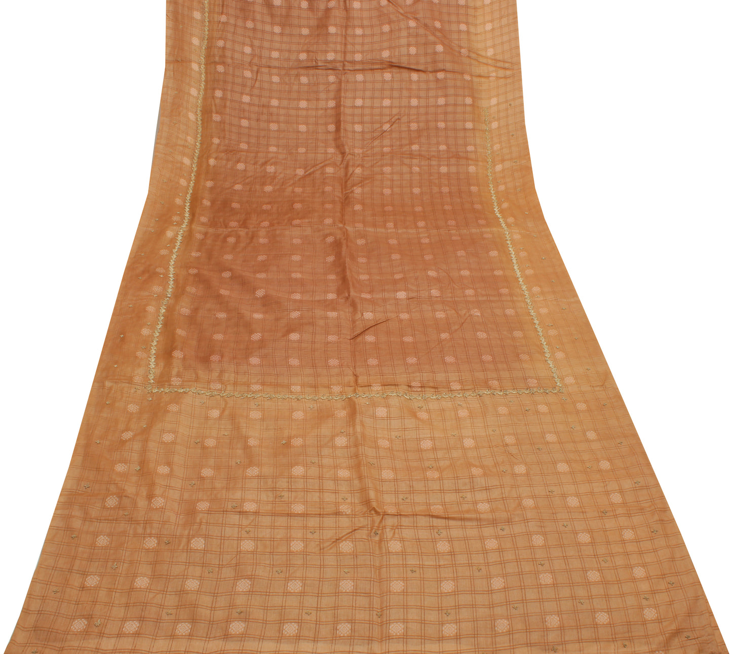 Sushila Vintage Brown Saree 100% Pure Silk Hand Beaded Check Sari Craft Fabric
