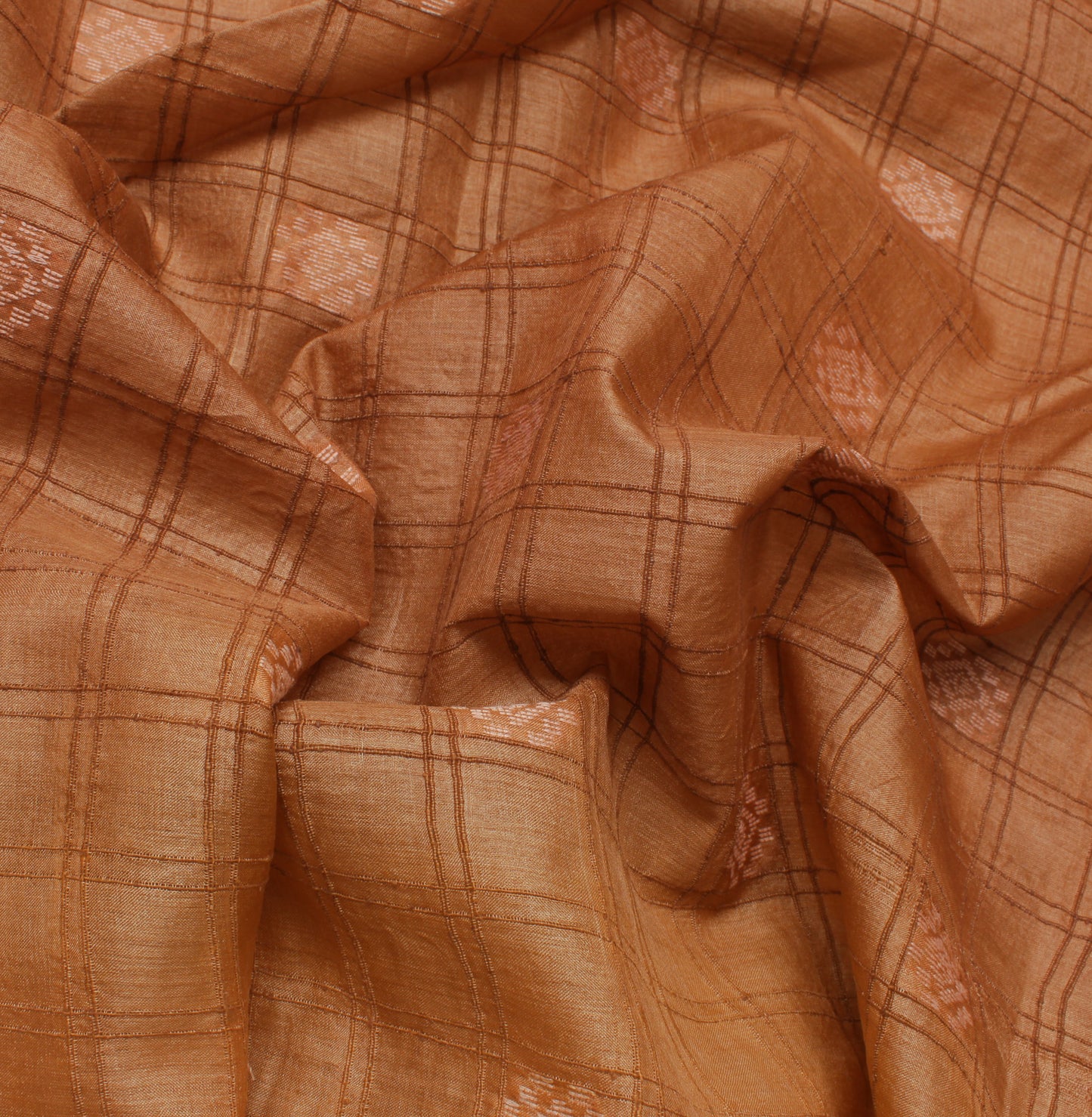 Sushila Vintage Brown Saree 100% Pure Silk Hand Beaded Check Sari Craft Fabric