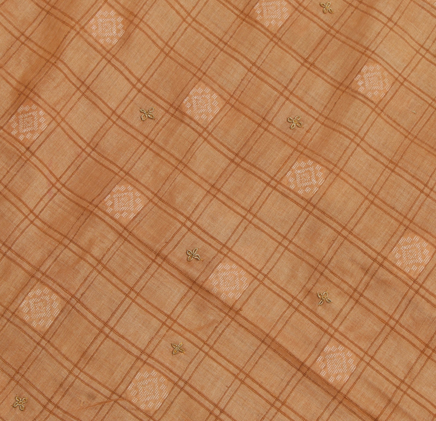 Sushila Vintage Brown Saree 100% Pure Silk Hand Beaded Check Sari Craft Fabric