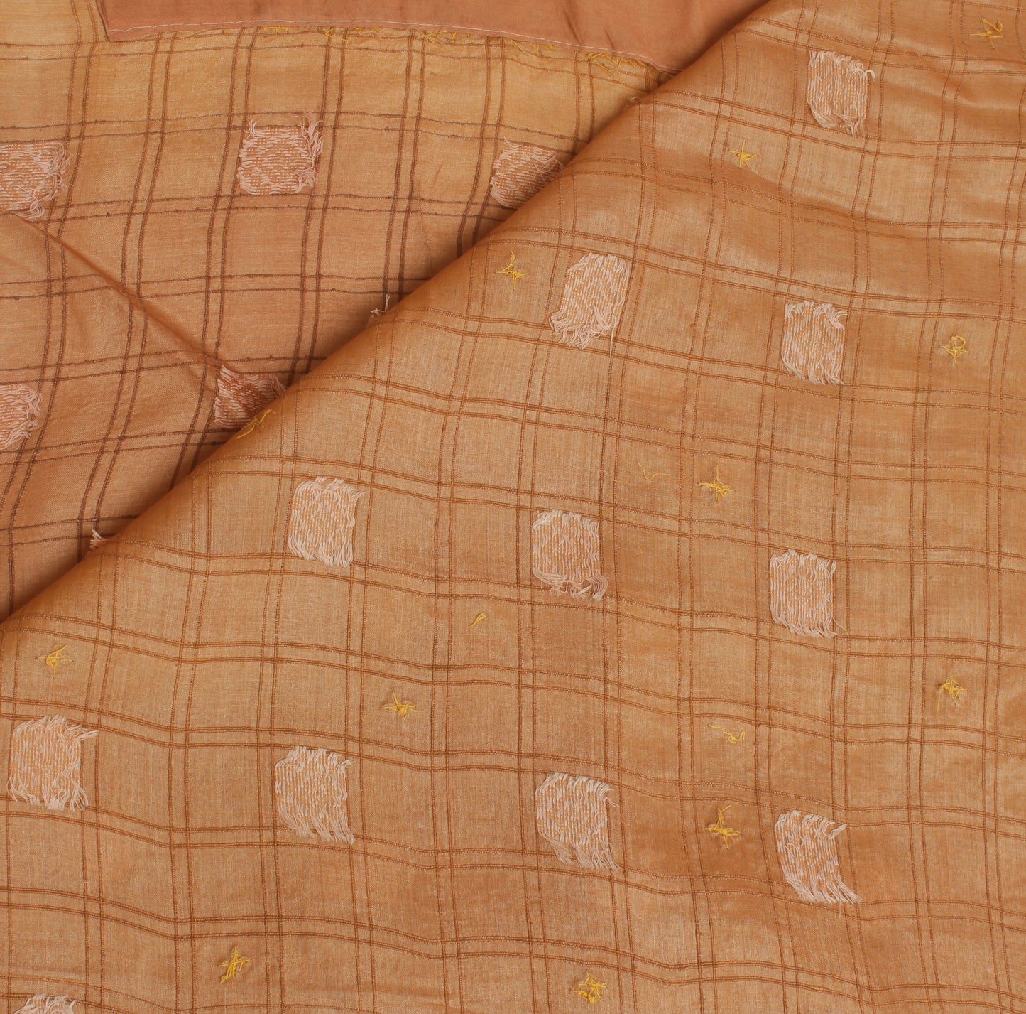 Sushila Vintage Brown Saree 100% Pure Silk Hand Beaded Check Sari Craft Fabric
