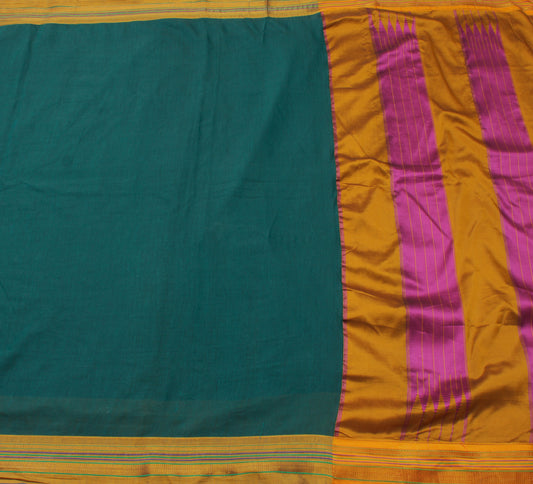 Sushila Vintage Teal Green Ilkal Saree Art Cotton Hand Woven 6 Yard Sari Craft Decor Fabric