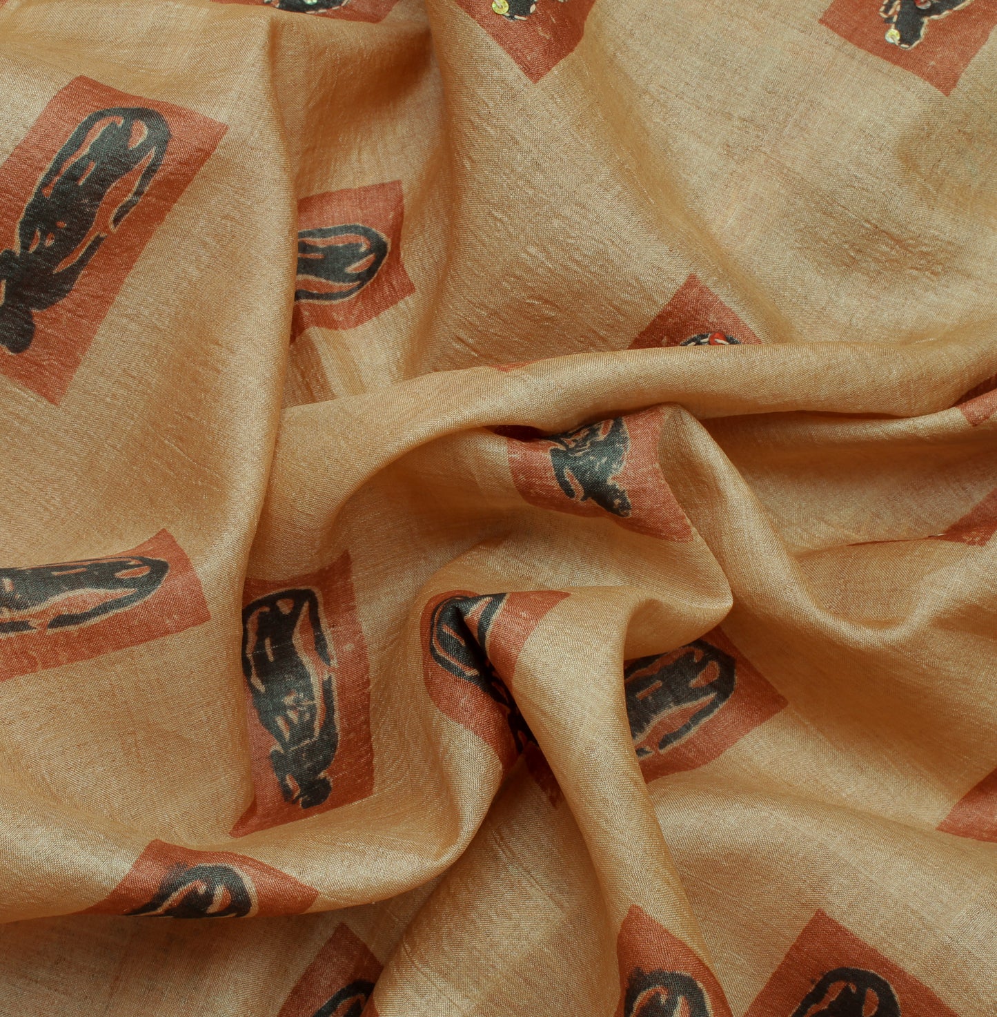 Sushila Vintage Light Brown Saree 100% Pure Silk Hand Printed Human Sari Fabric