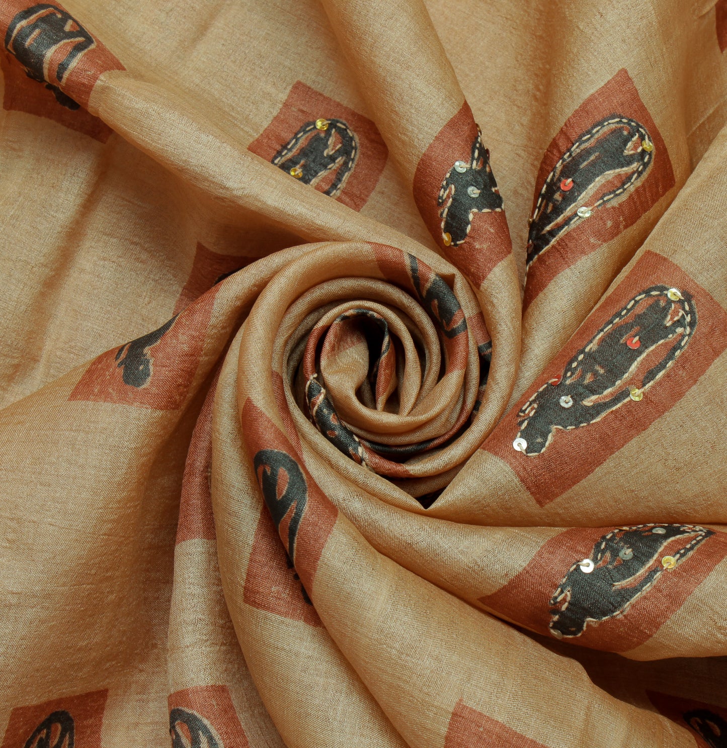Sushila Vintage Light Brown Saree 100% Pure Silk Hand Printed Human Sari Fabric