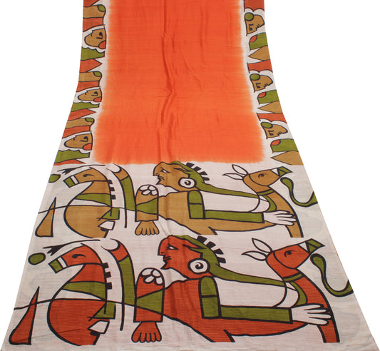 Sushila Vintage Orange Saree 100% Pure Silk Printed & Woven Sari Craft 6 Yard Fabric