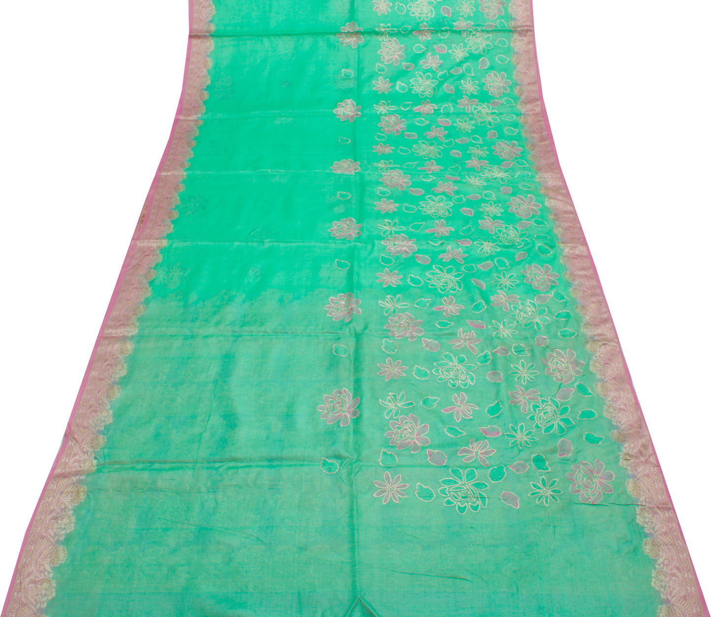 Sushila Vintage Green Saree Pure Silk Woven & Embroidered Floral Sari Fabric