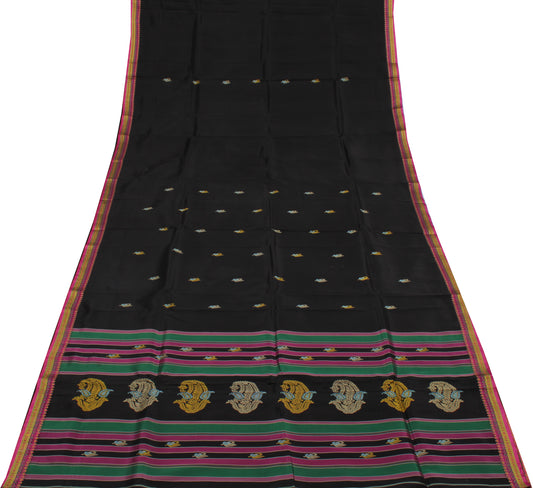 Sushila Vintage Black Indian Saree Blend Silk Woven Floral Sari Decor Fabric
