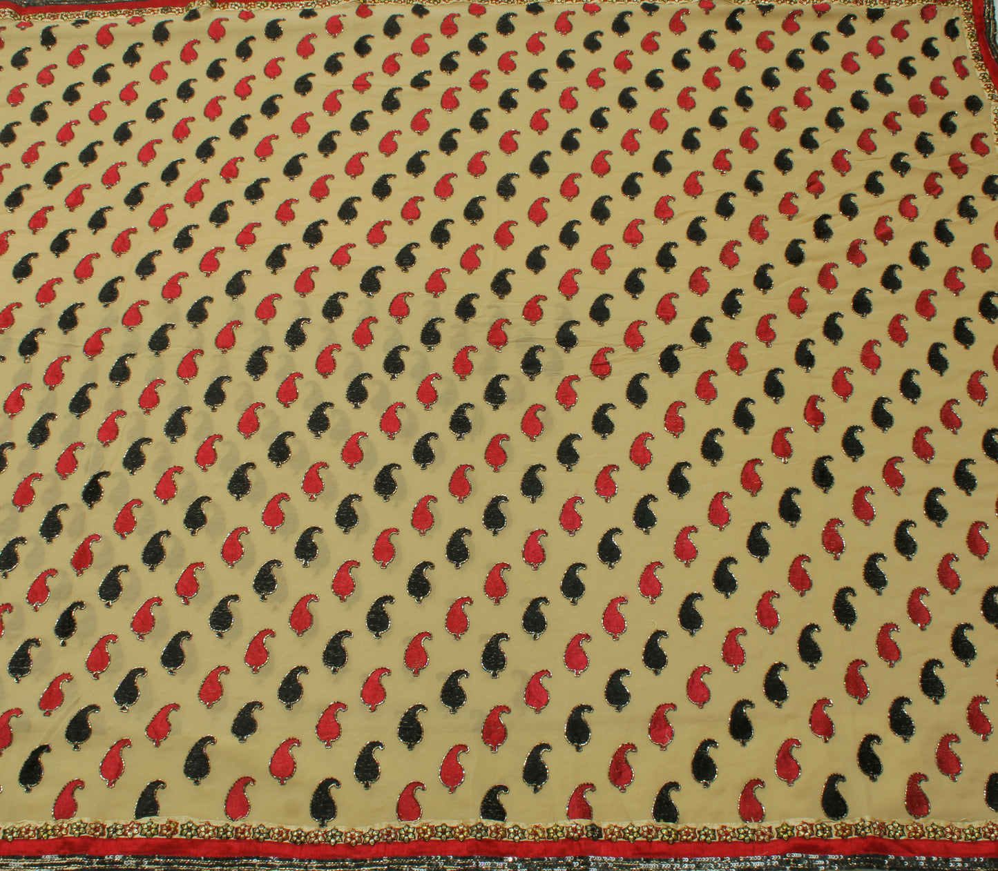 Sushila Vintage Cream Saree Pure Georgette Silk Embroidered Paisley Sari Fabric