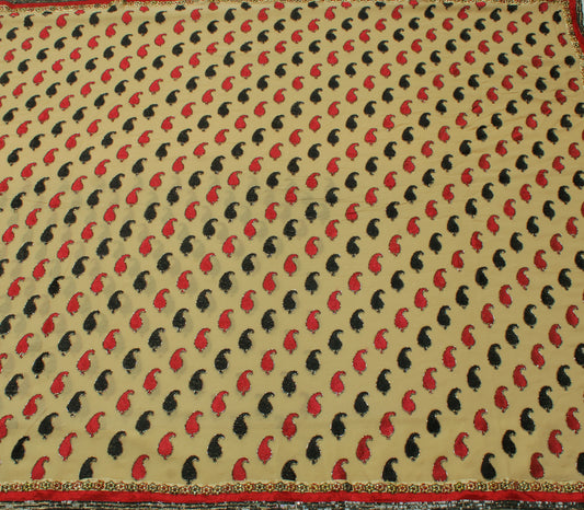 Sushila Vintage Cream Saree Pure Georgette Silk Embroidered Paisley Sari Fabric