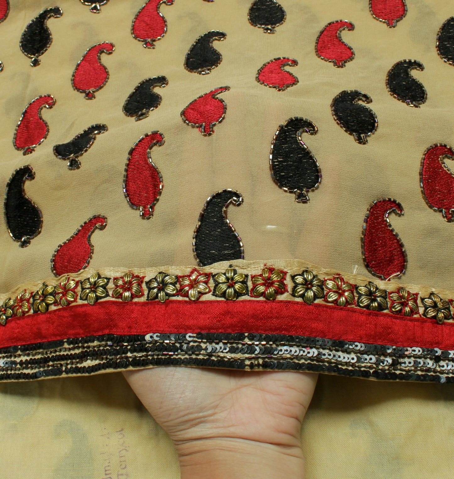 Sushila Vintage Cream Saree Pure Georgette Silk Embroidered Paisley Sari Fabric
