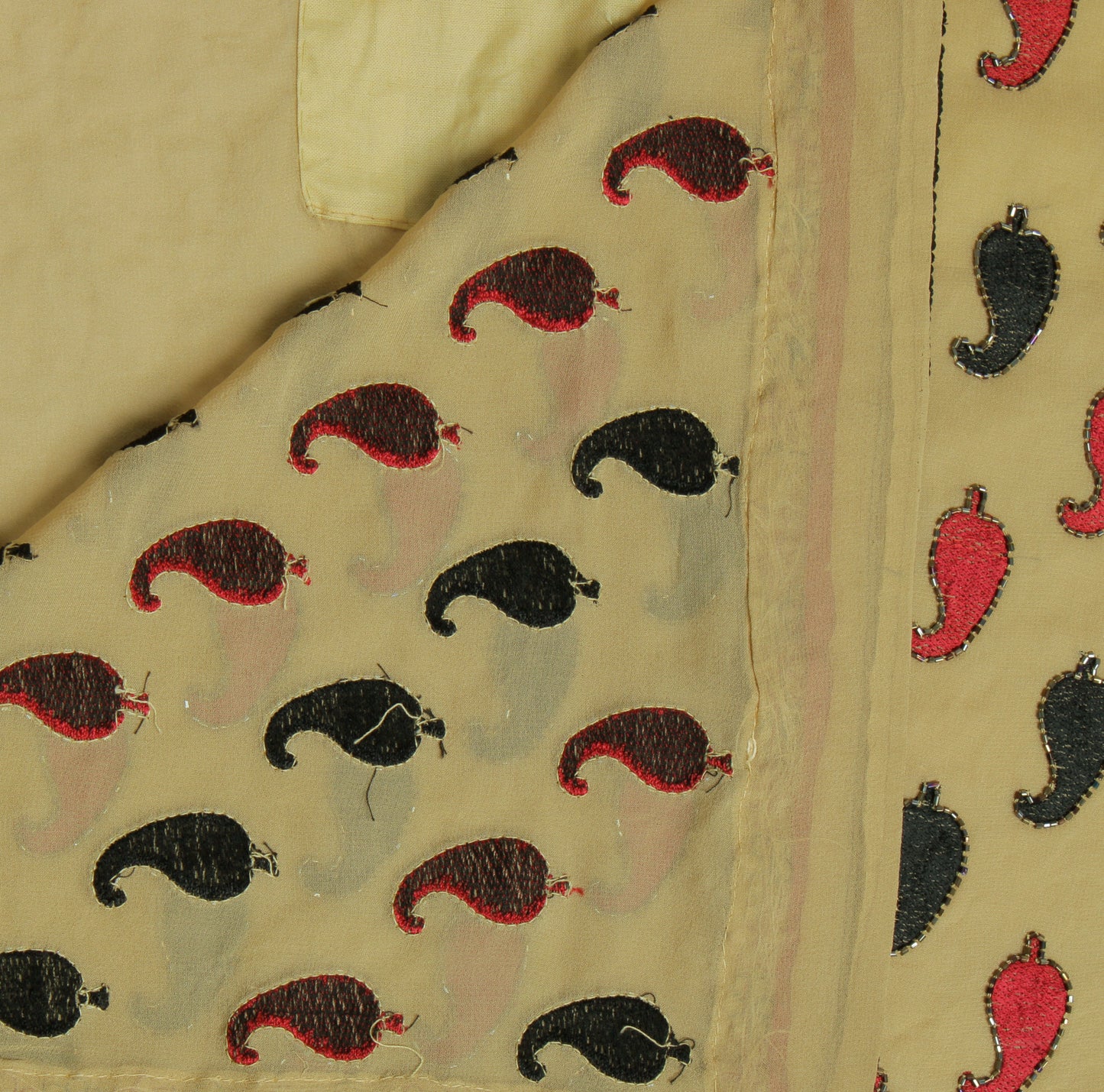 Sushila Vintage Cream Saree Pure Georgette Silk Embroidered Paisley Sari Fabric