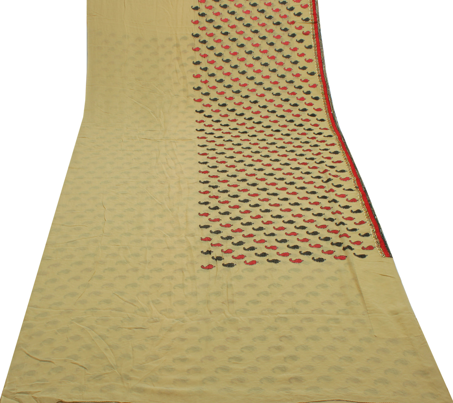Sushila Vintage Cream Saree Pure Georgette Silk Embroidered Paisley Sari Fabric