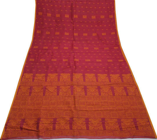 Sushila Vintage Red Indian Saree 100% Pure Cotton Woven Sari Craft Decor Fabric
