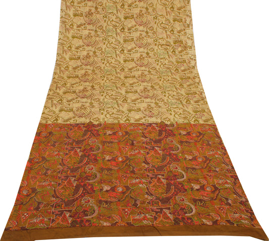 Sushila Vintage Cream Indian Saree Pure Georgette Silk Printed Sari Craft Fabric