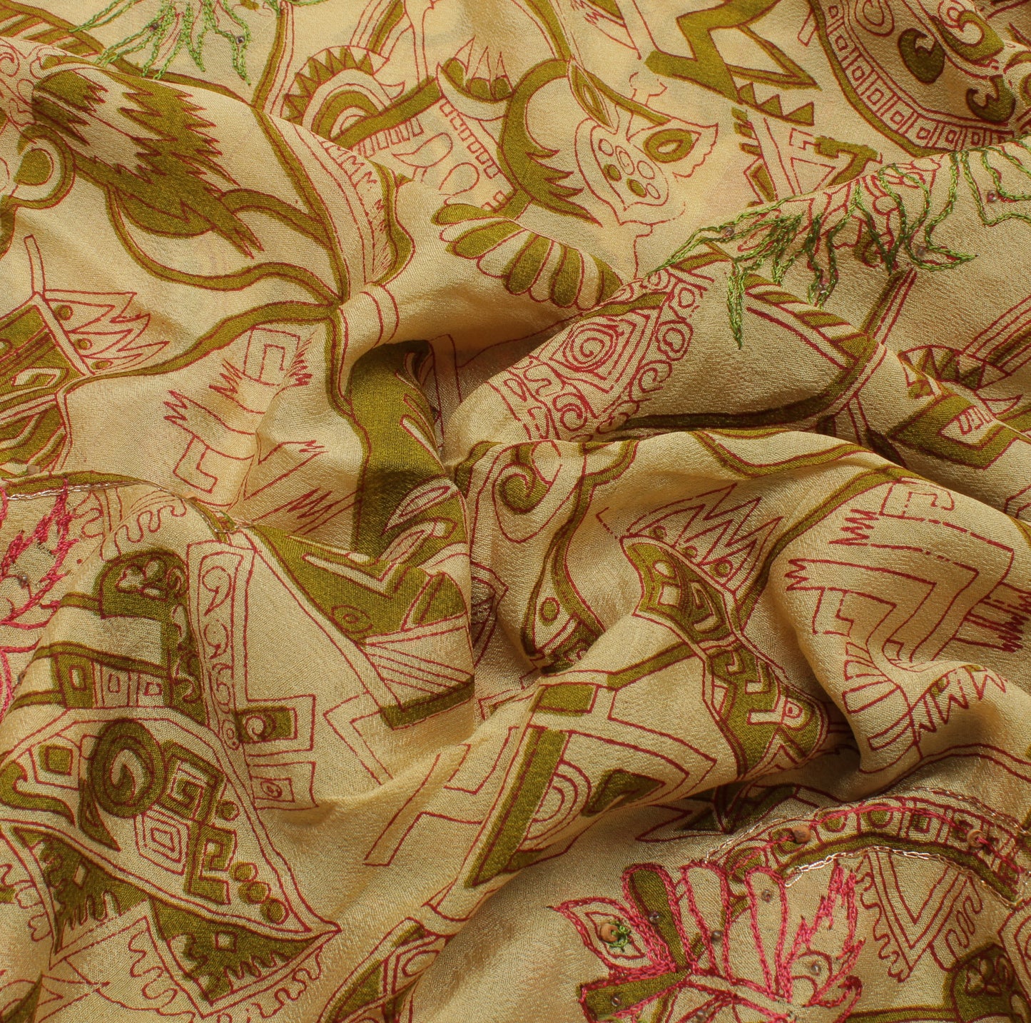 Sushila Vintage Cream Indian Saree Pure Georgette Silk Printed Sari Craft Fabric