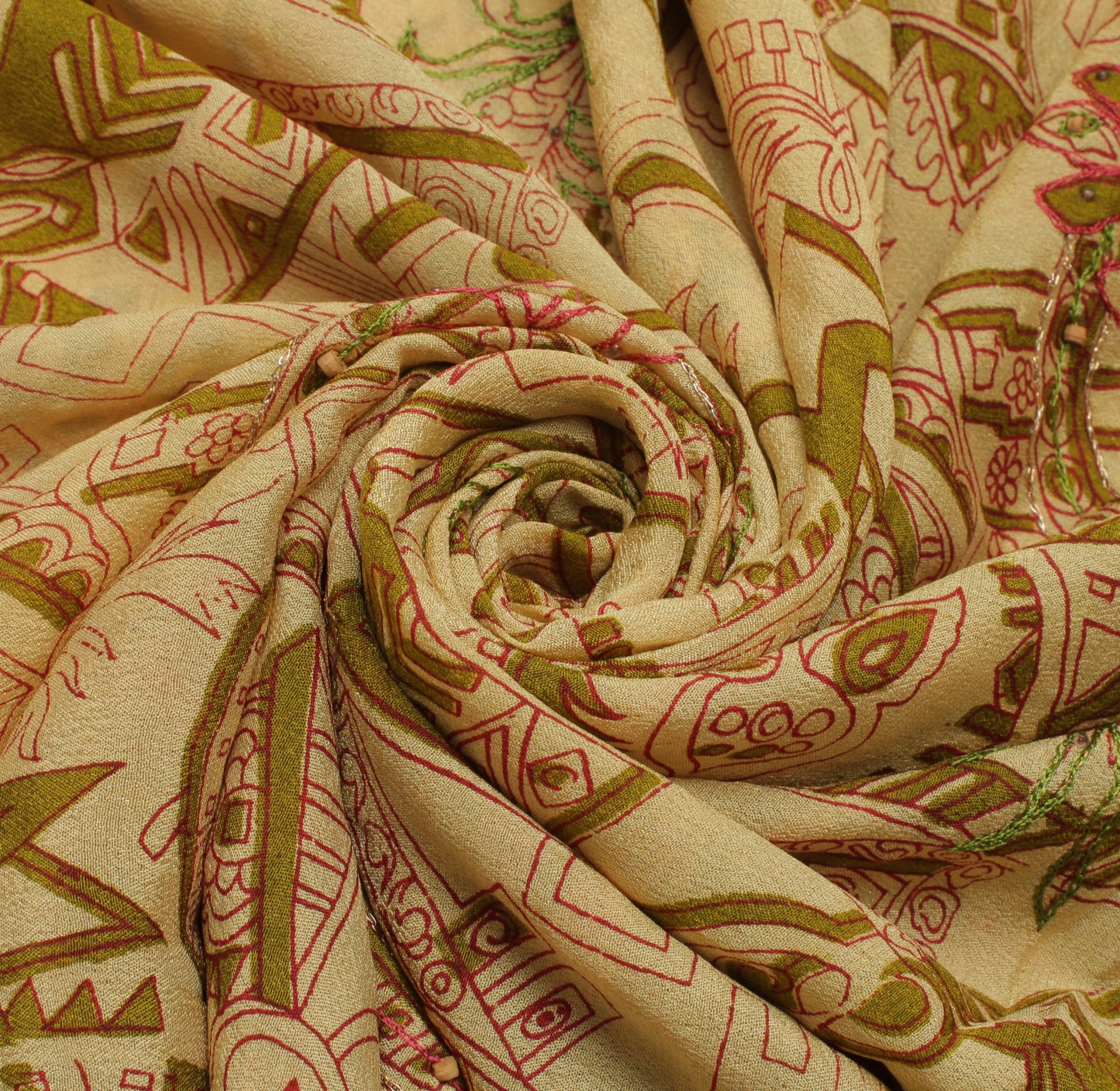 Sushila Vintage Cream Indian Saree Pure Georgette Silk Printed Sari Craft Fabric