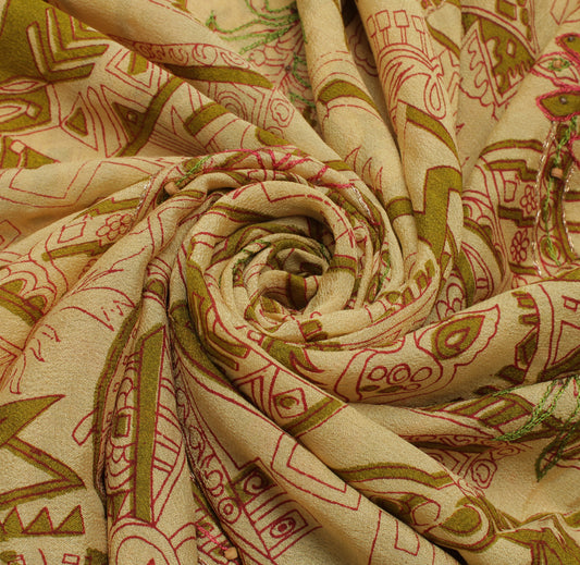 Sushila Vintage Cream Indian Saree Pure Georgette Silk Printed Sari Craft Fabric