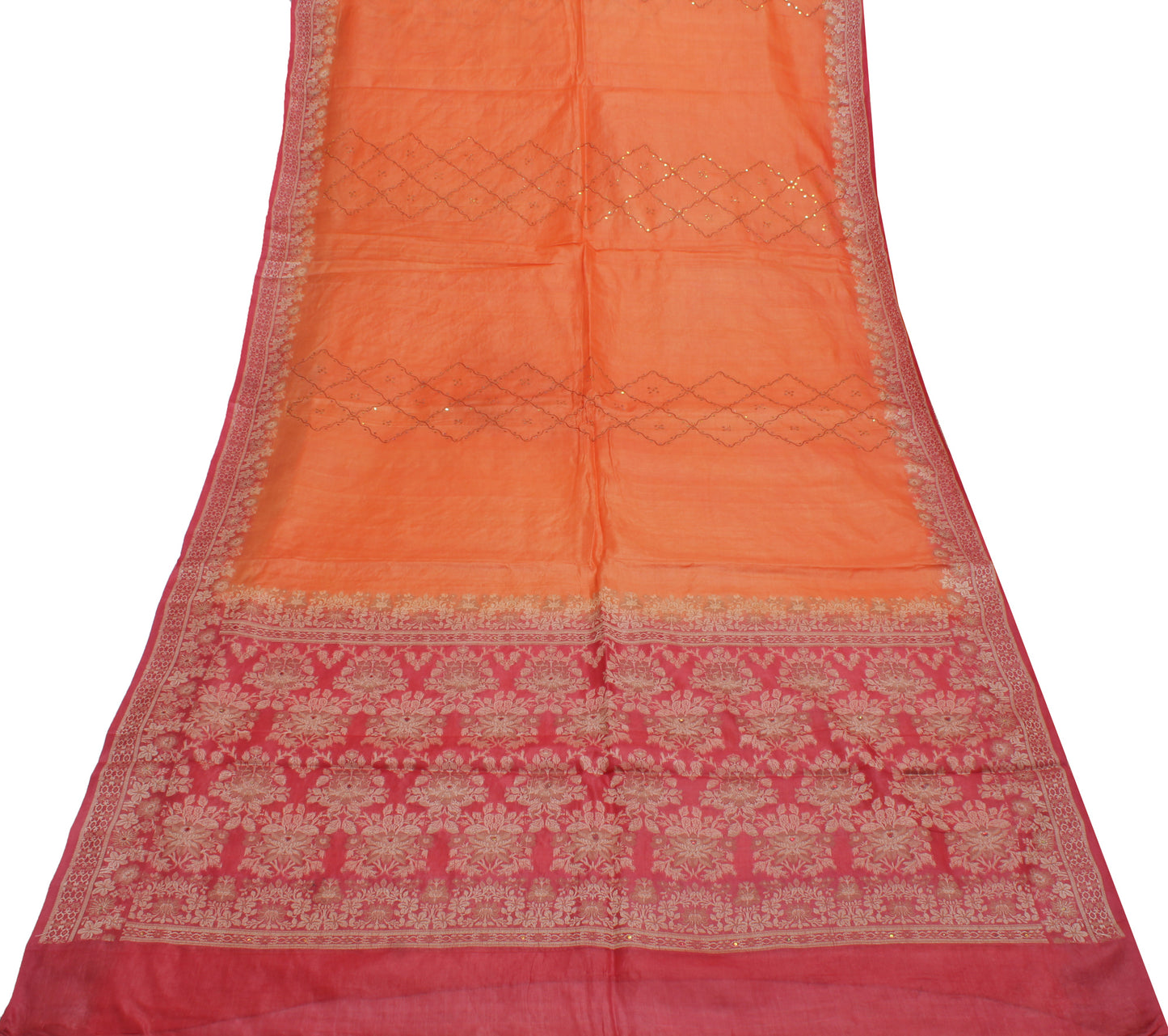 Sushila Vintage Orange Saree Pure Silk Woven & Embroidered Floral Sari Fabric