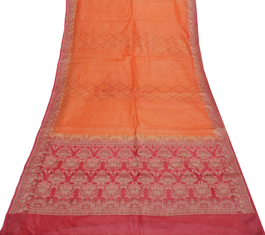 Sushila Vintage Orange Saree Pure Silk Woven & Embroidered Floral Sari Fabric