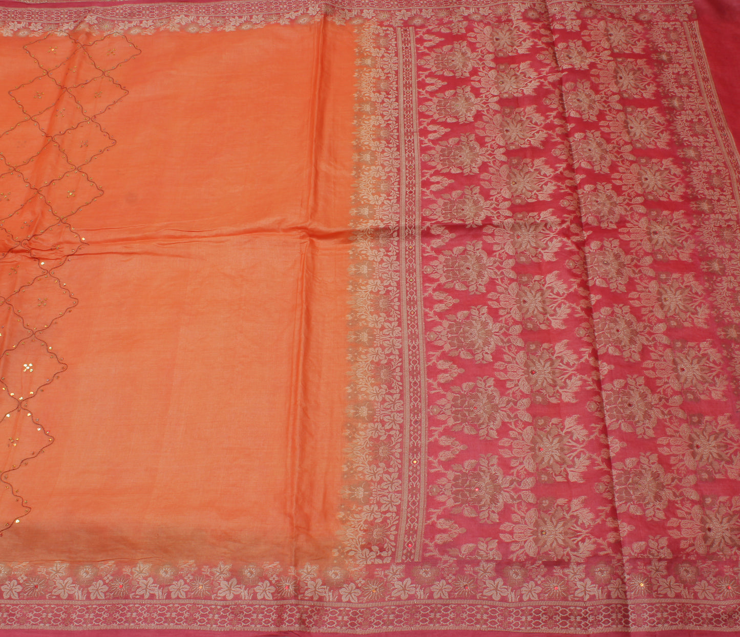Sushila Vintage Orange Saree Pure Silk Woven & Embroidered Floral Sari Fabric