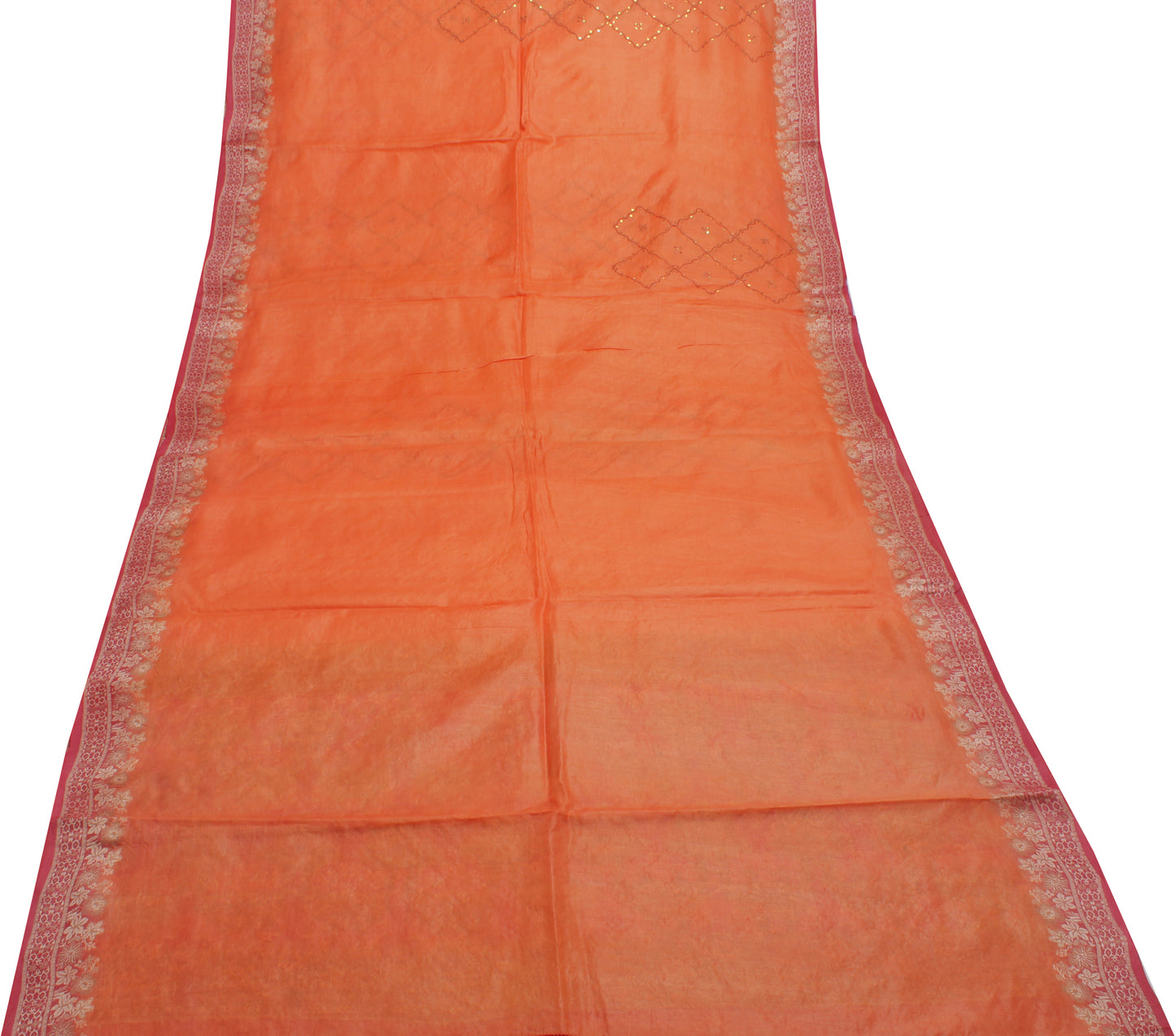 Sushila Vintage Orange Saree Pure Silk Woven & Embroidered Floral Sari Fabric