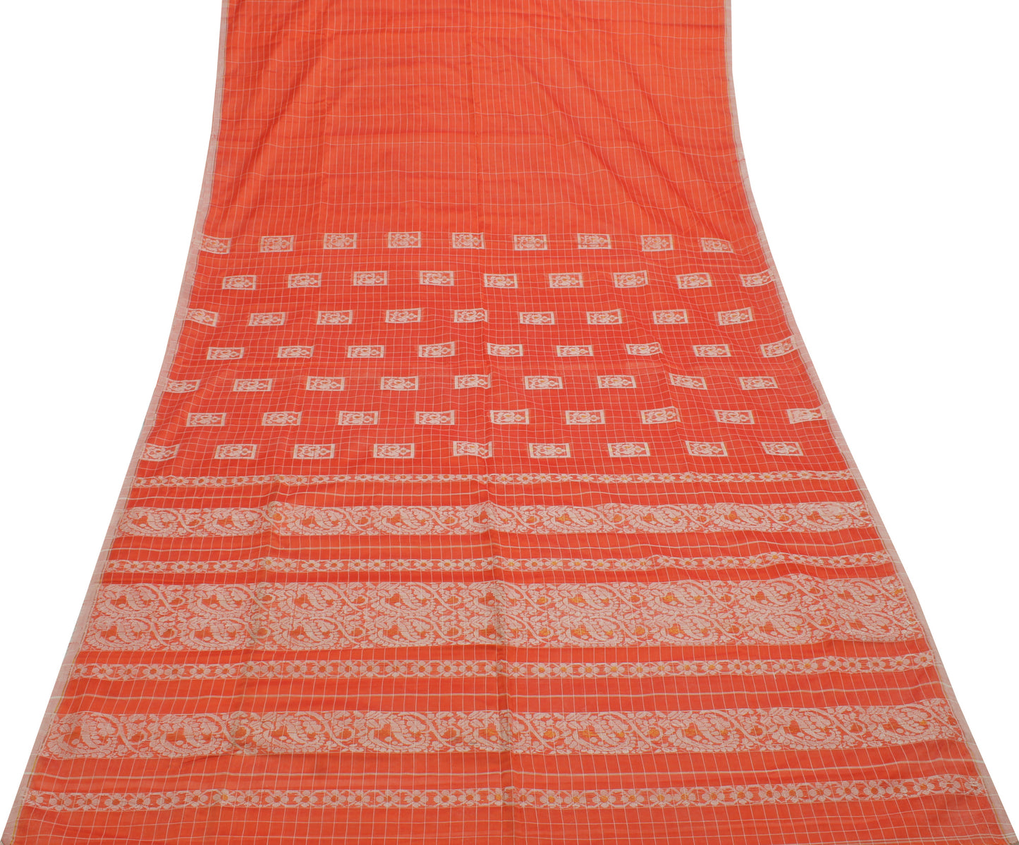 Sushila Vintage Orange Indian Saree 100% Pure Cotton Woven Floral Sari  Fabric