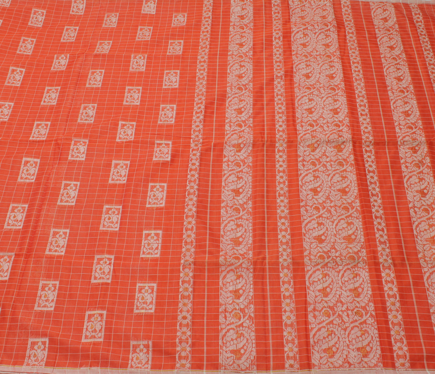 Sushila Vintage Orange Indian Saree 100% Pure Cotton Woven Floral Sari  Fabric
