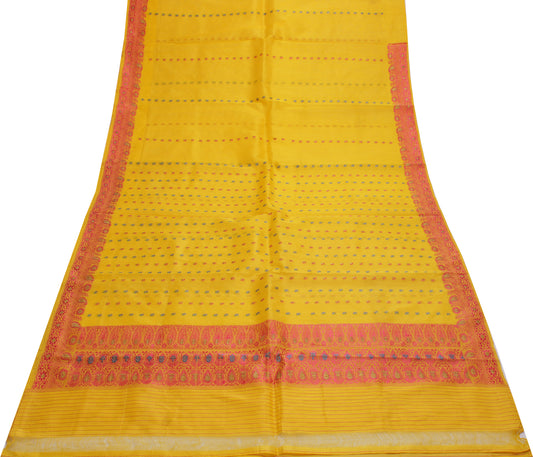Sushila Vintage Yellow Saree 100% Pure Silk Woven Floral Sari Craft Decor Fabric