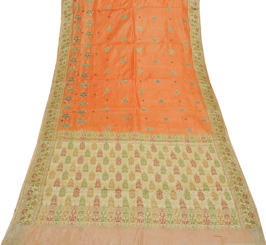 Sushila Vintage Orange Saree Pure Silk Hand Beaded & Woven Floral Sari Fabric
