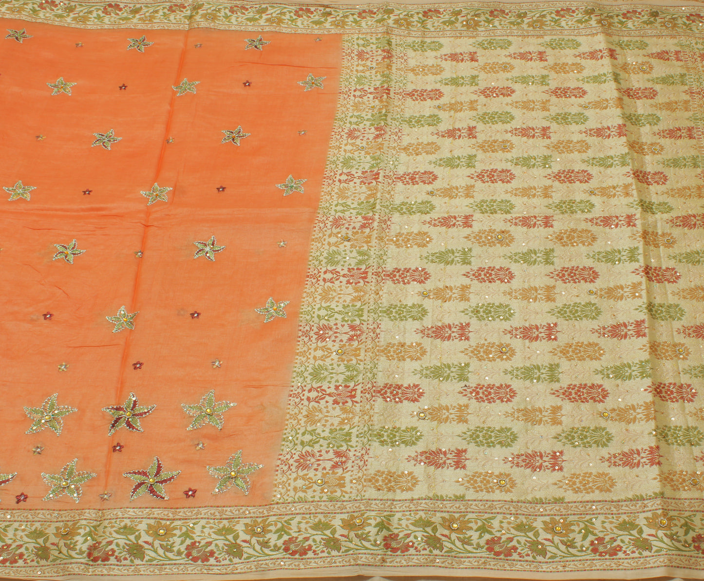 Sushila Vintage Orange Saree Pure Silk Hand Beaded & Woven Floral Sari Fabric