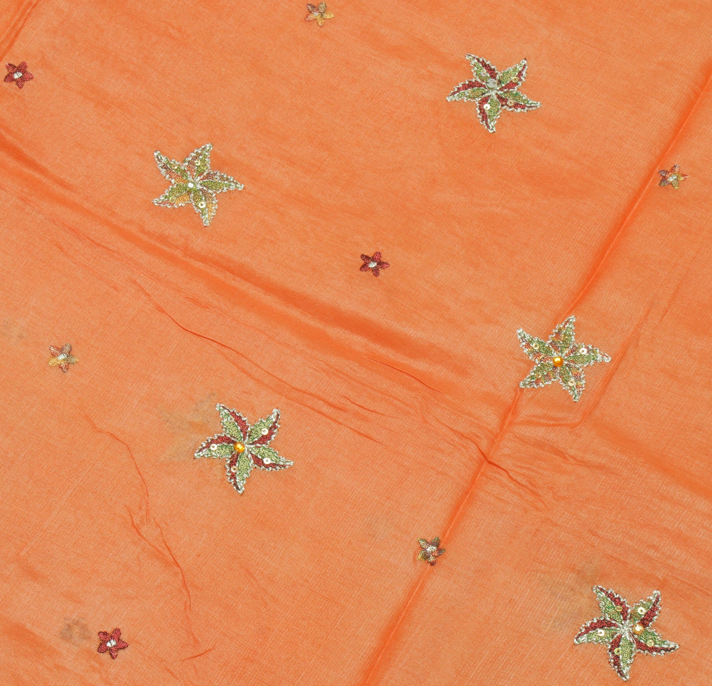 Sushila Vintage Orange Saree Pure Silk Hand Beaded & Woven Floral Sari Fabric