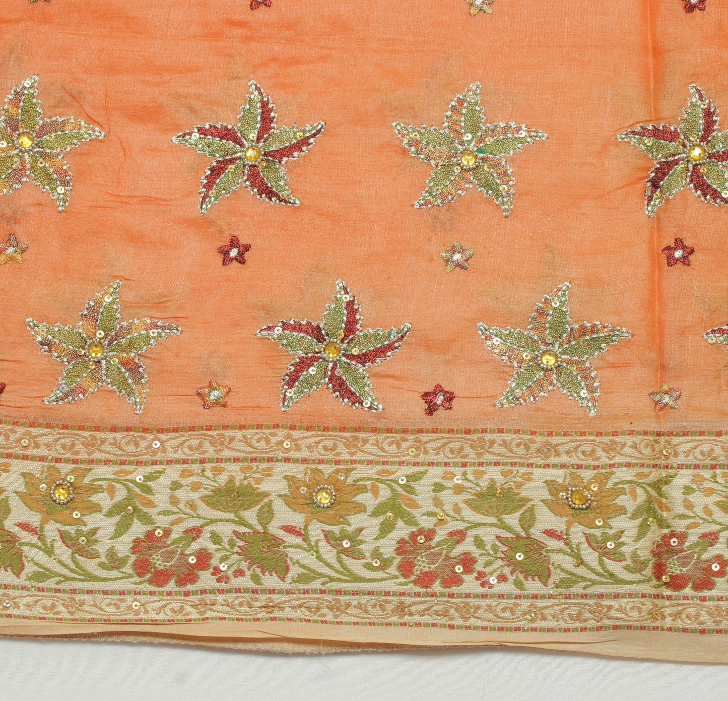 Sushila Vintage Orange Saree Pure Silk Hand Beaded & Woven Floral Sari Fabric