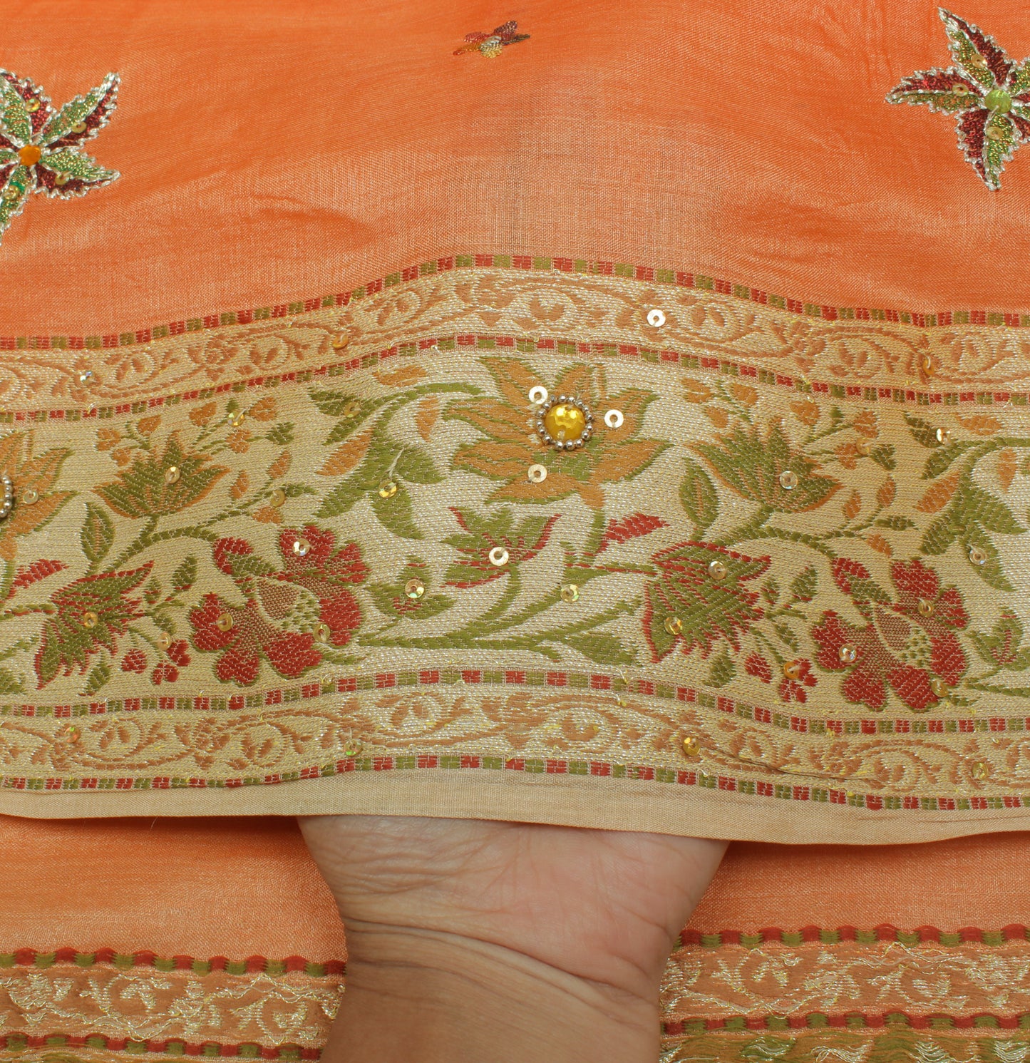 Sushila Vintage Orange Saree Pure Silk Hand Beaded & Woven Floral Sari Fabric