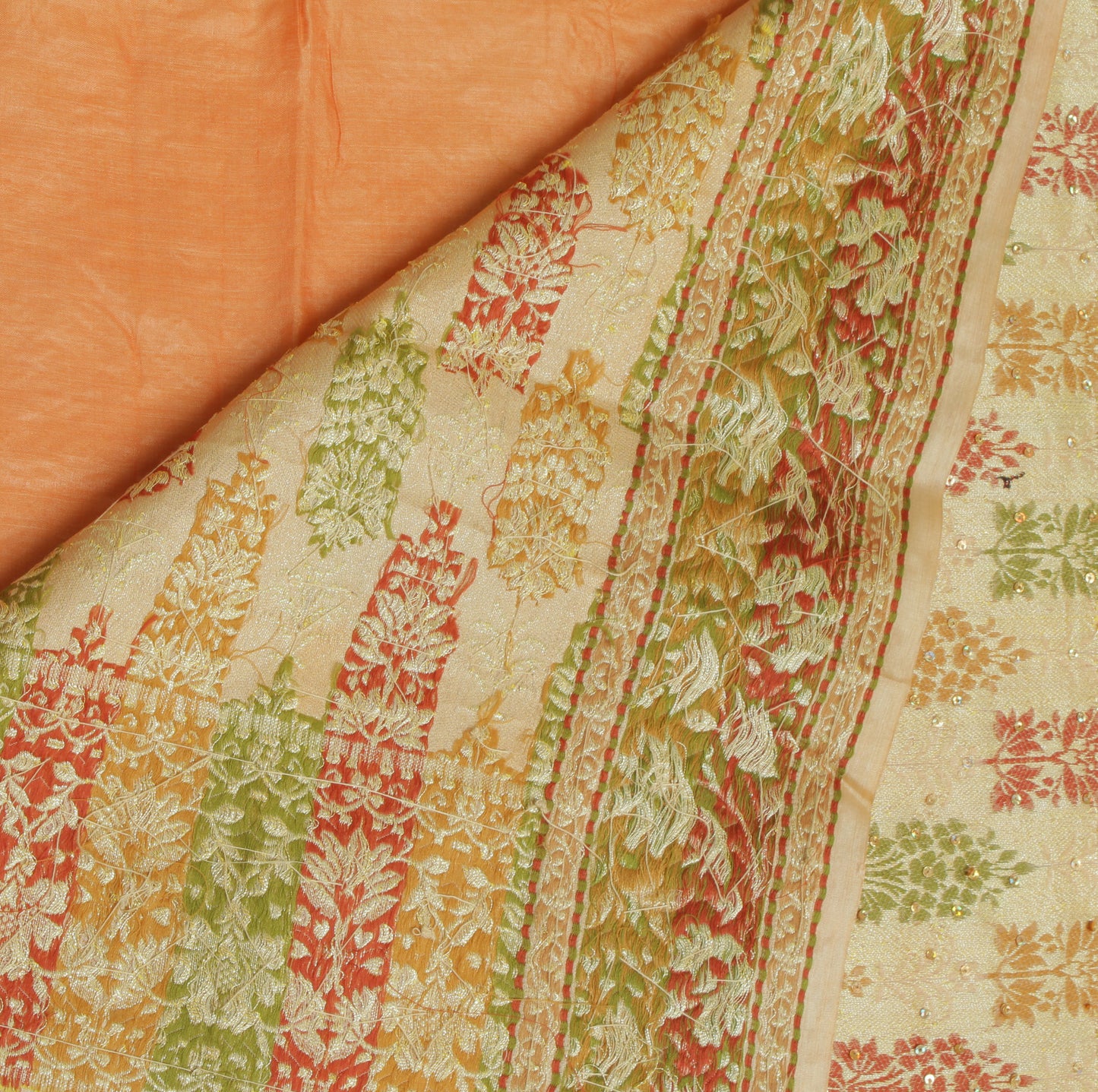 Sushila Vintage Orange Saree Pure Silk Hand Beaded & Woven Floral Sari Fabric