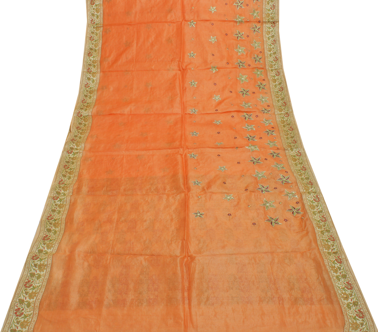 Sushila Vintage Orange Saree Pure Silk Hand Beaded & Woven Floral Sari Fabric