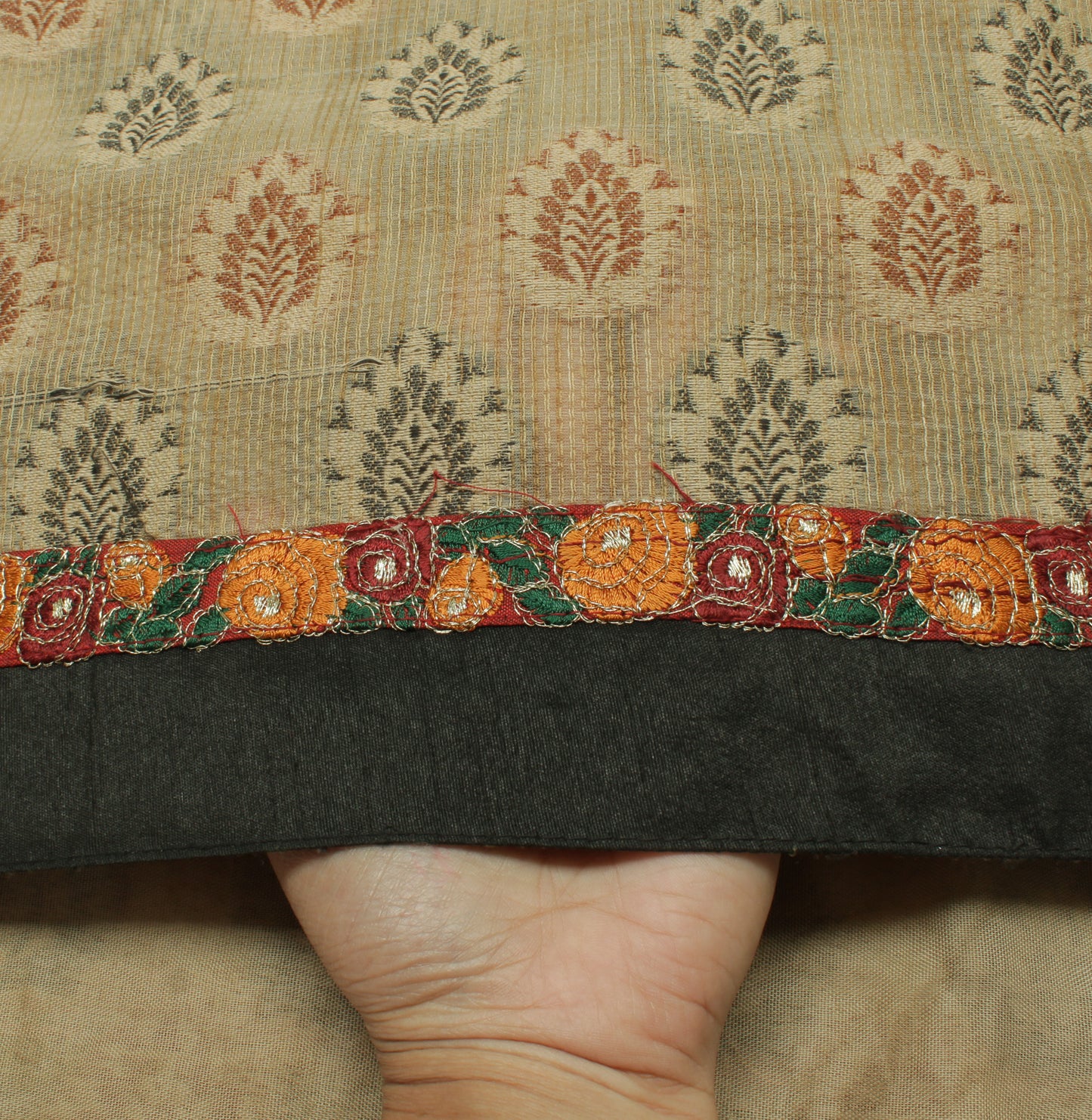 Sushila Vintage Light Brown Saree Blend Cotton Woven Floral Sari Craft Fabric