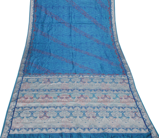 Sushila Vintage Blue Saree 100% Pure Silk Woven & Printed Sari Craft Fabric