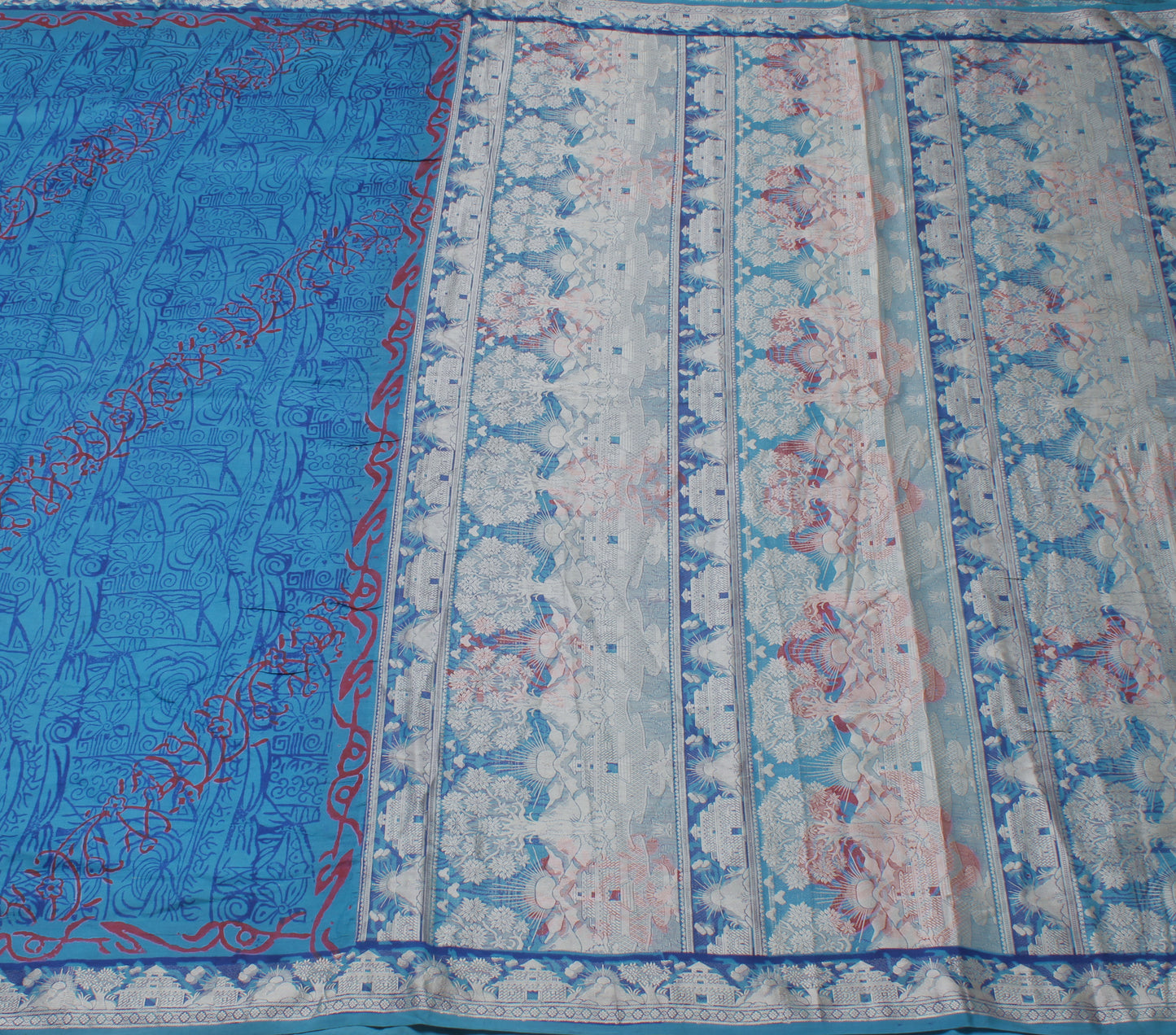 Sushila Vintage Blue Saree 100% Pure Silk Woven & Printed Sari Craft Fabric
