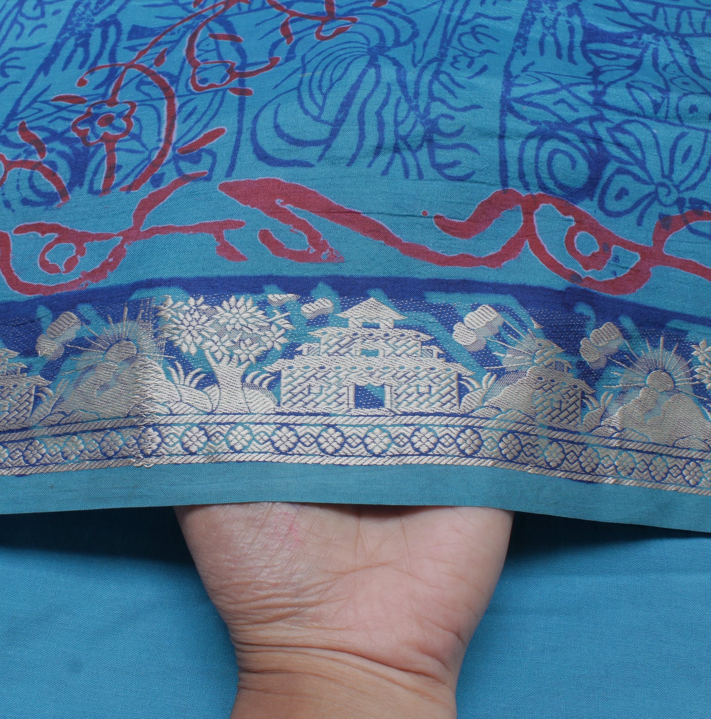 Sushila Vintage Blue Saree 100% Pure Silk Woven & Printed Sari Craft Fabric