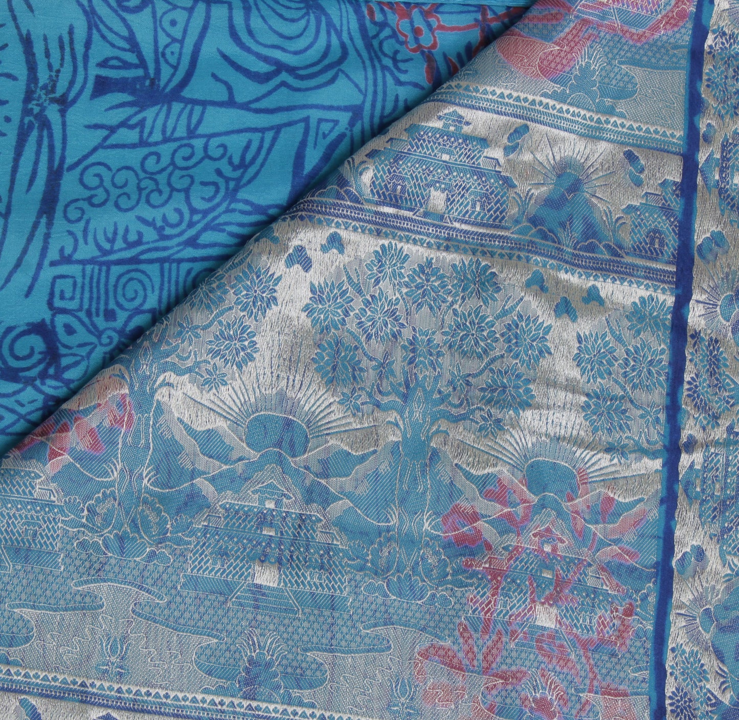 Sushila Vintage Blue Saree 100% Pure Silk Woven & Printed Sari Craft Fabric