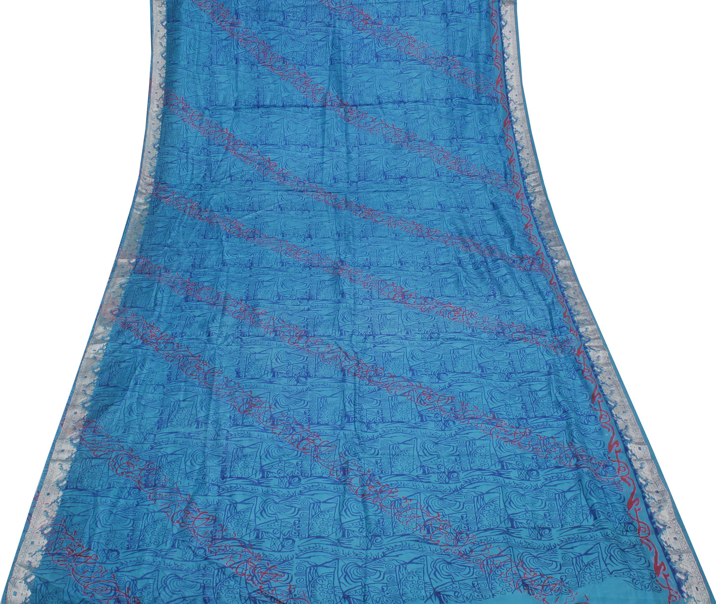 Sushila Vintage Blue Saree 100% Pure Silk Woven & Printed Sari Craft Fabric