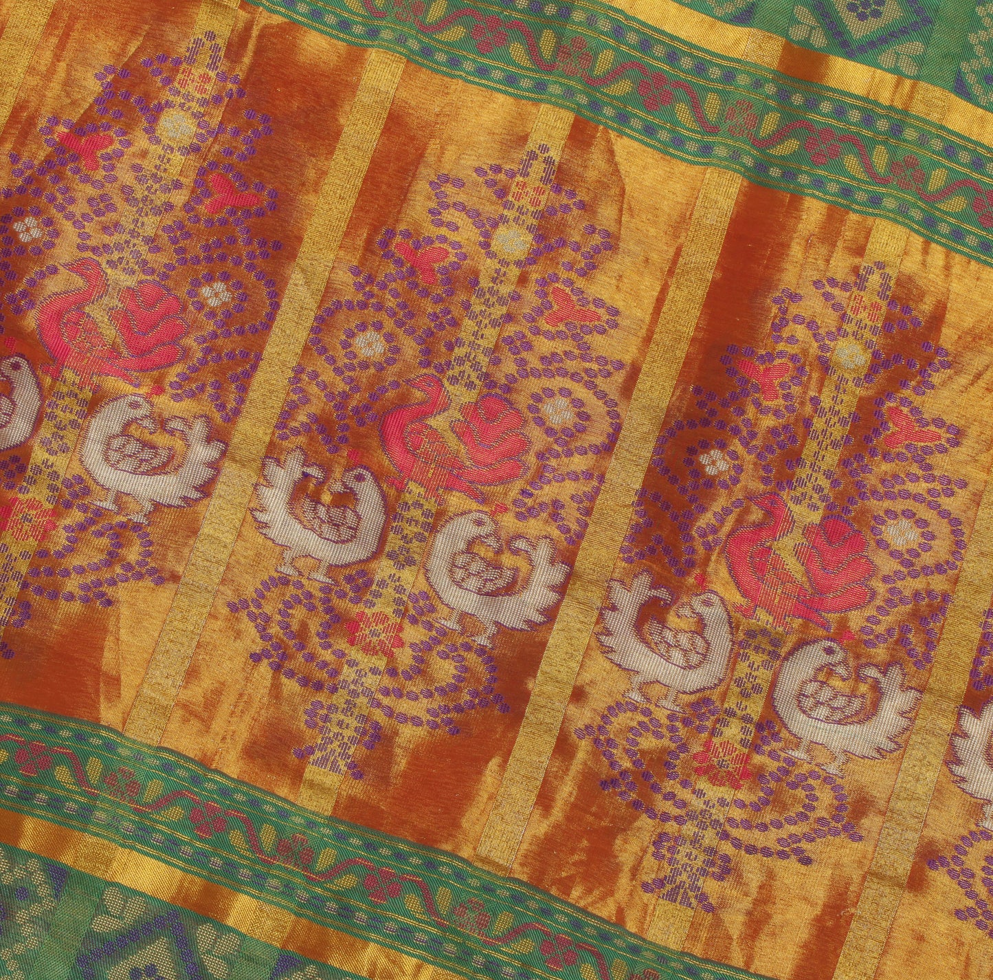 Sushila Vintage Rust  Saree Blend Silk All Over Woven Floral & Birds Sari Fabric