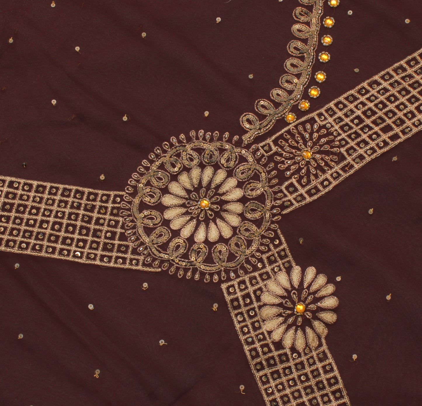 Sushila Vintage Brown Indian Saree Blend Georgette Hand Beaded Craft Sari Fabric