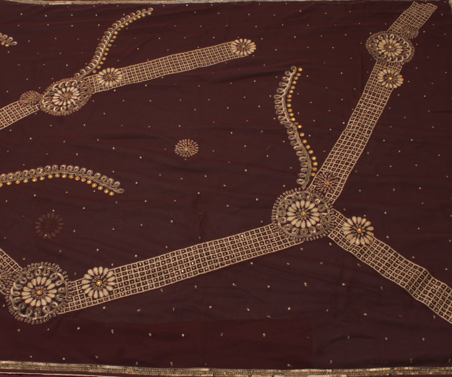 Sushila Vintage Brown Indian Saree Blend Georgette Hand Beaded Craft Sari Fabric