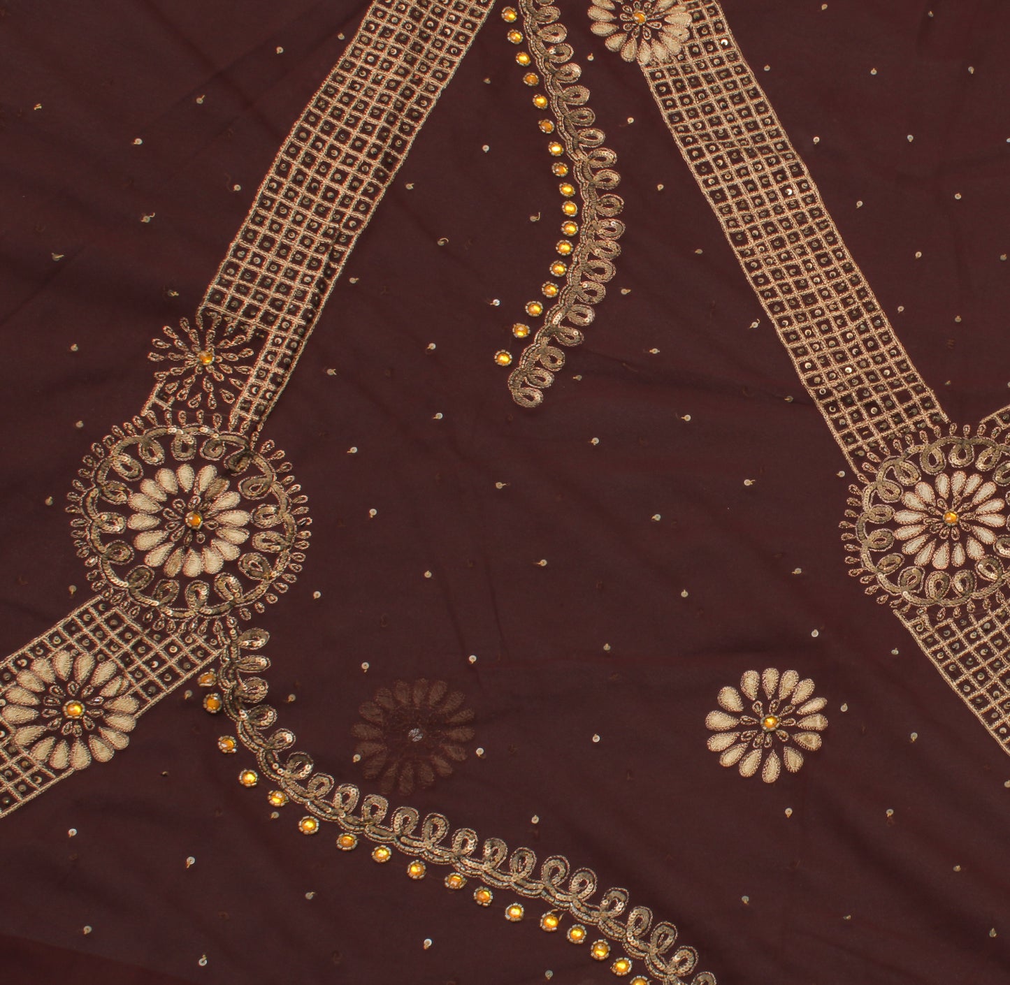 Sushila Vintage Brown Indian Saree Blend Georgette Hand Beaded Craft Sari Fabric