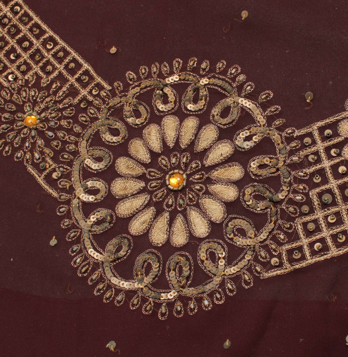 Sushila Vintage Brown Indian Saree Blend Georgette Hand Beaded Craft Sari Fabric